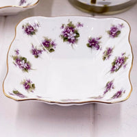 Elegant white porcelain dish with purple floral pattern and gold trim, vintage home décor accent