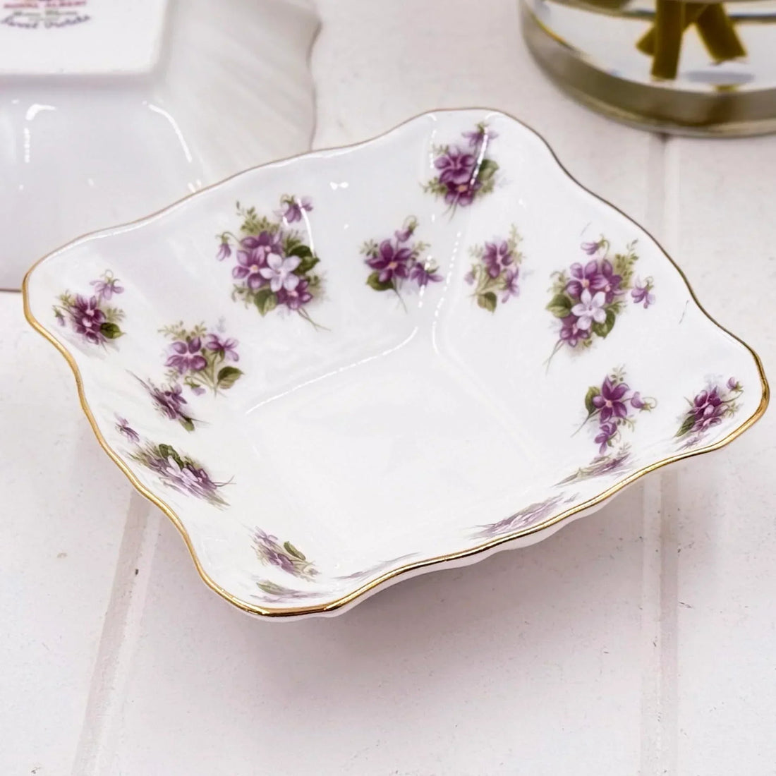 Elegant white porcelain dish with purple floral pattern and gold trim, vintage home decor accent