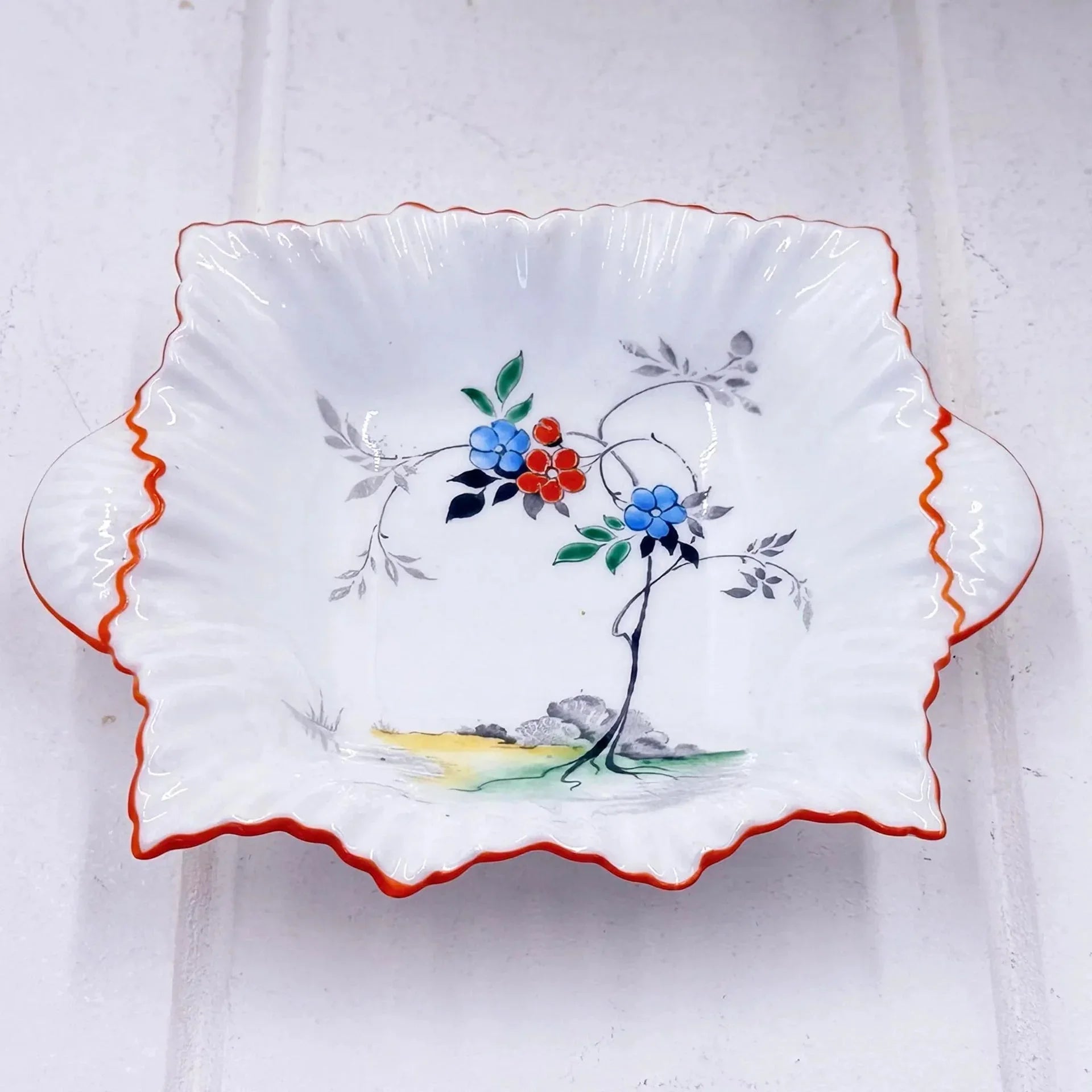 Shelley Hand-Painted Floral Dish with Orange Trim
