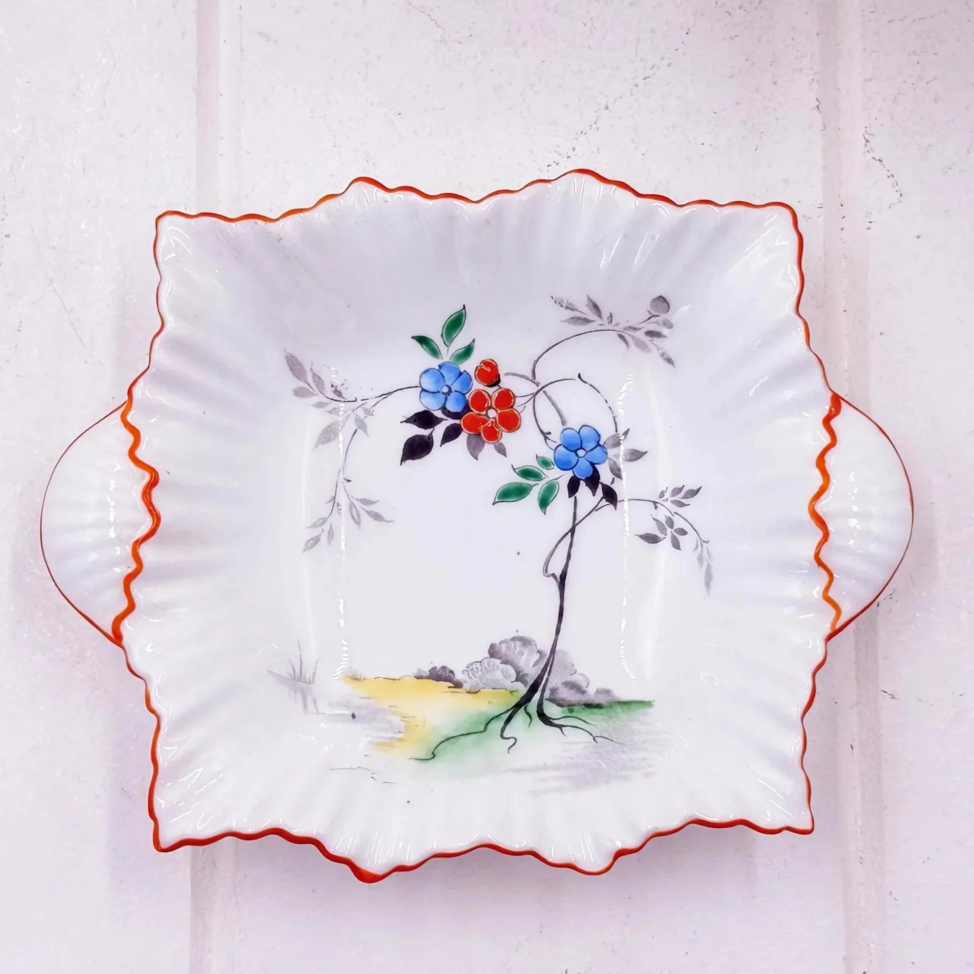 Shelley Hand-Painted Floral Dish with Orange Trim