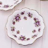 Elegant white porcelain dish with purple floral pattern and gold trim, vintage home decor accent