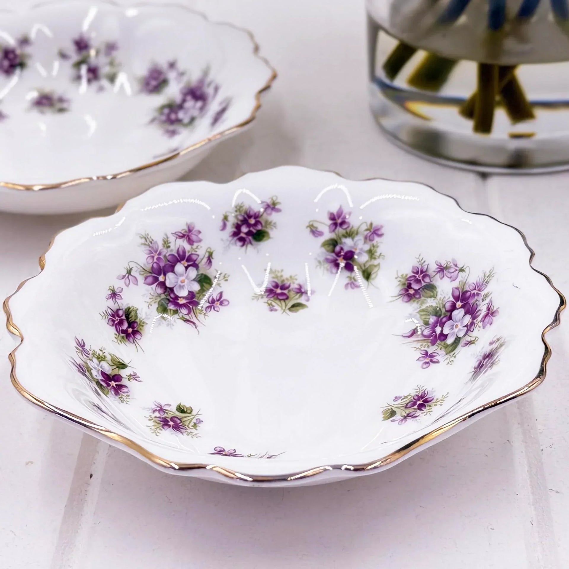 Elegant white porcelain dish with purple violet floral pattern and gold trim, vintage home decor accent