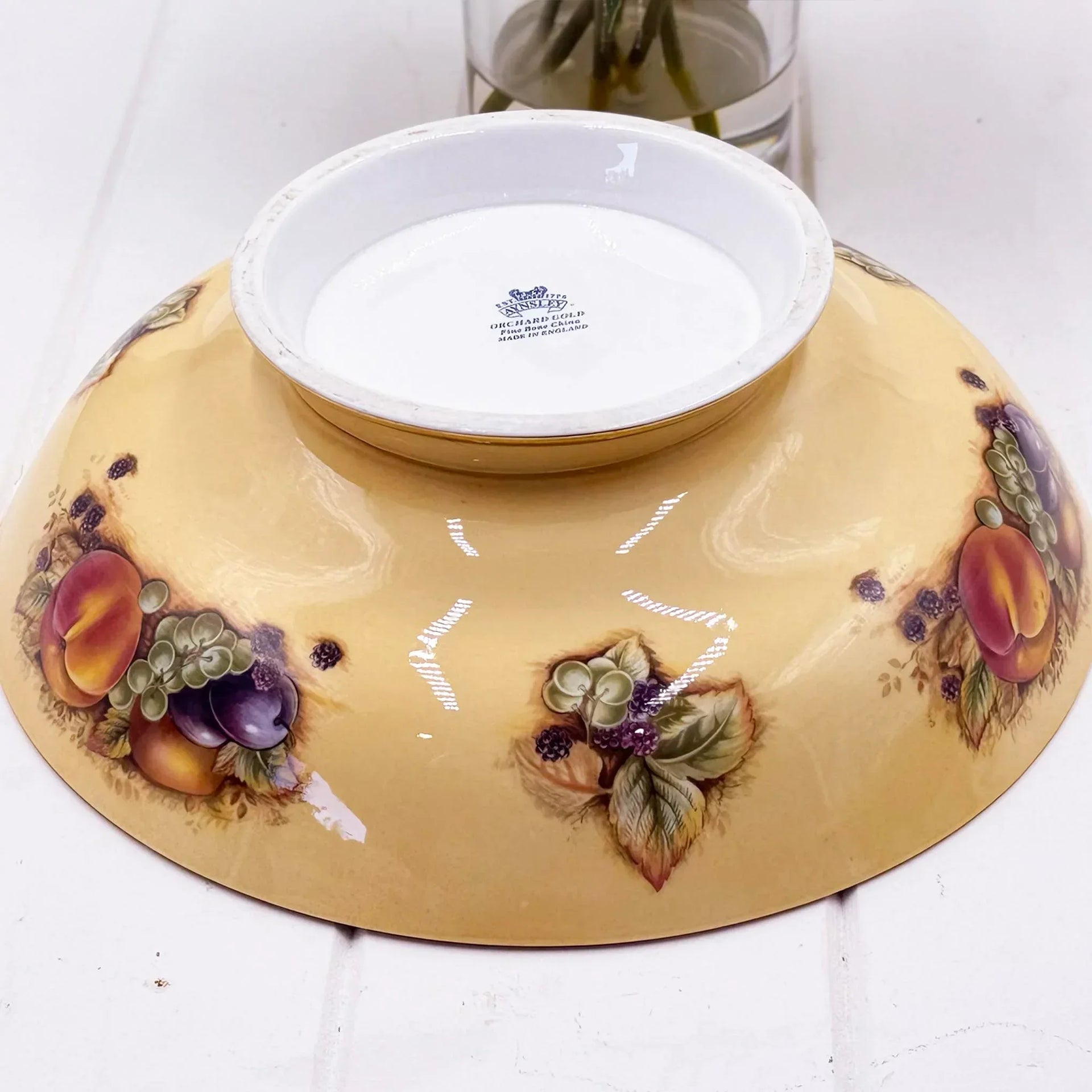 Ainsley Orchard Gold fine bone china bowl with hand-painted fruit design, vintage homeware decor
