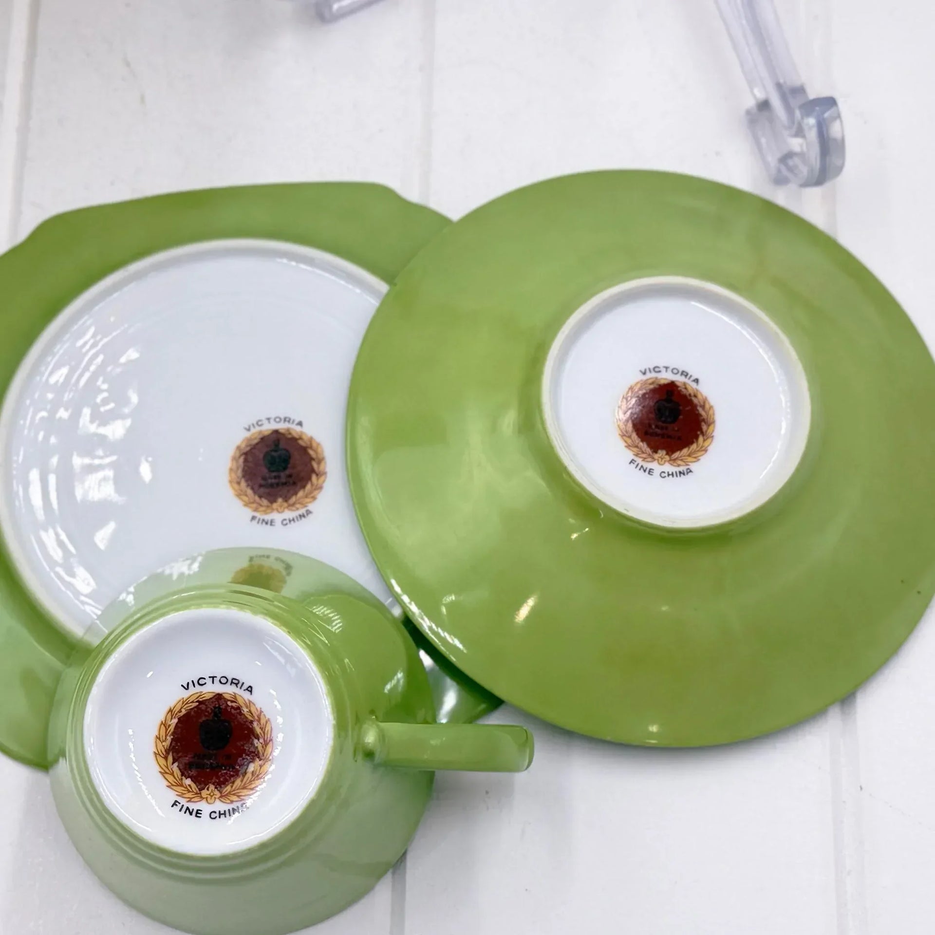 Vintage Victoria Fine China tea set with green glaze and classic logo, elegant homeware for collectors