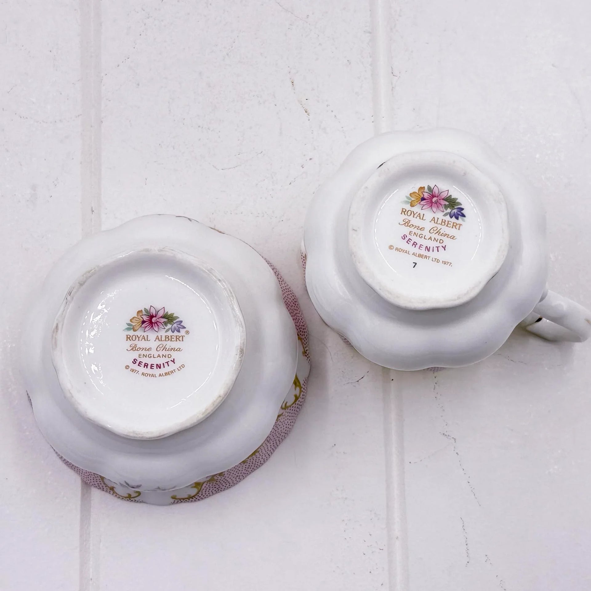 Royal Albert Serenity bone china teacup and saucer set, vintage English porcelain with floral mark