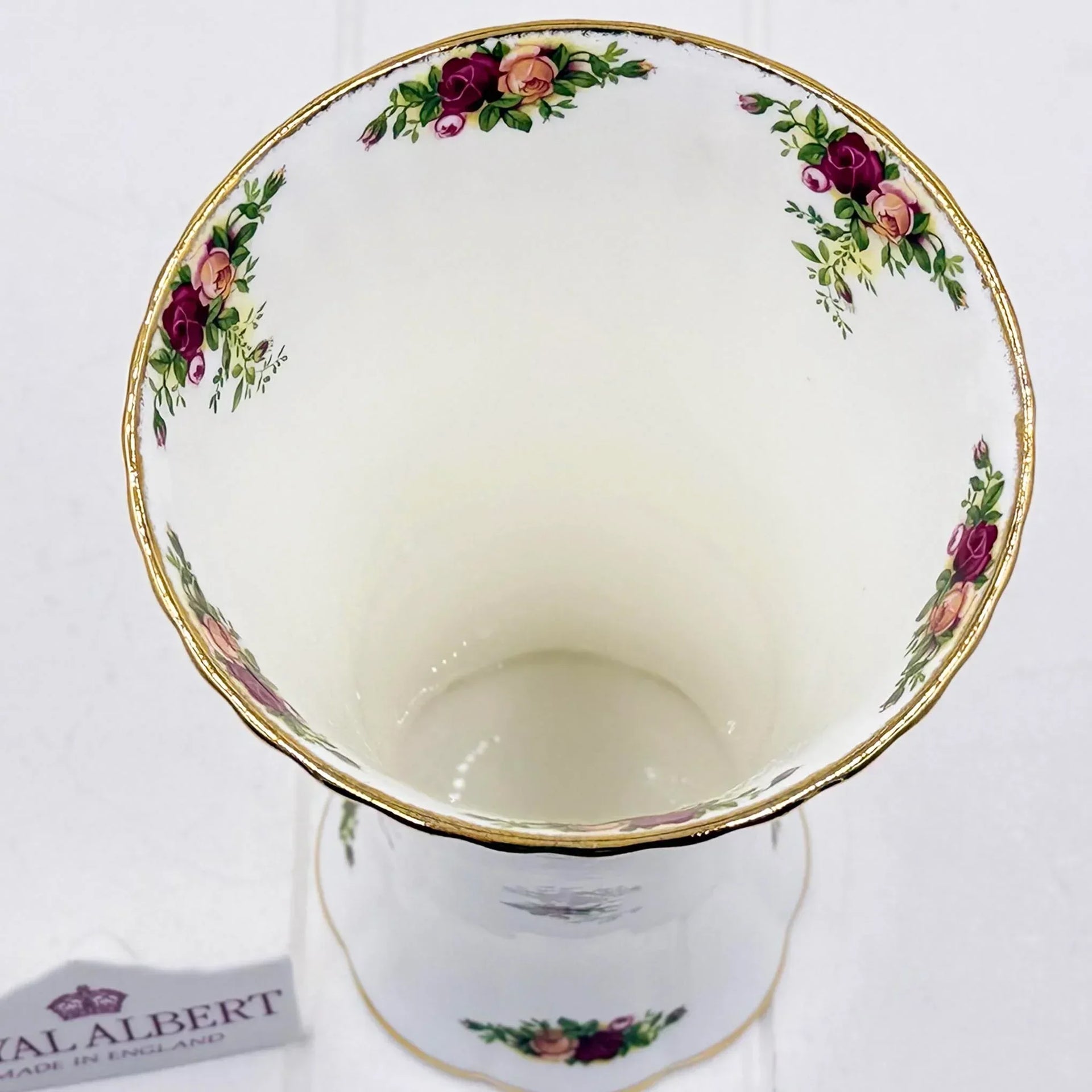 Royal Albert fine bone china vase with gold rim and rose floral pattern, vintage home decor