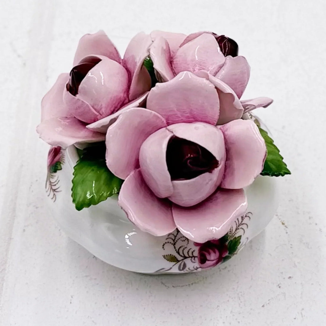 Pink rose porcelain trinket box with floral design, vintage home décor accent piece