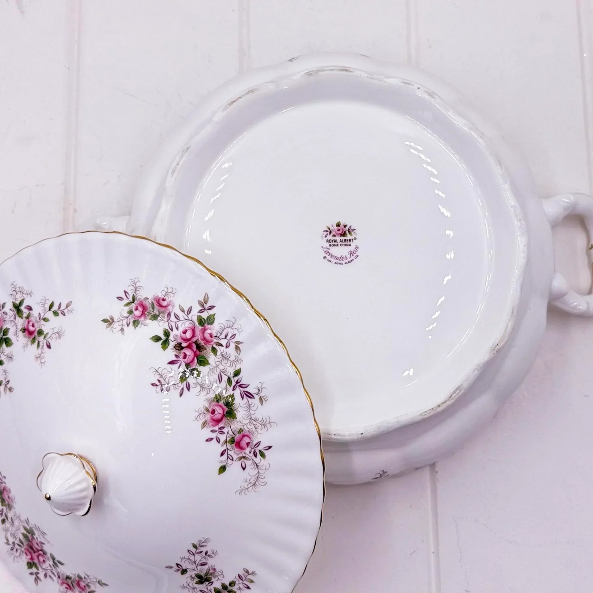 Royal Albert Lavender Rose bone china covered dish with pink floral design and gold trim, vintage homeware
