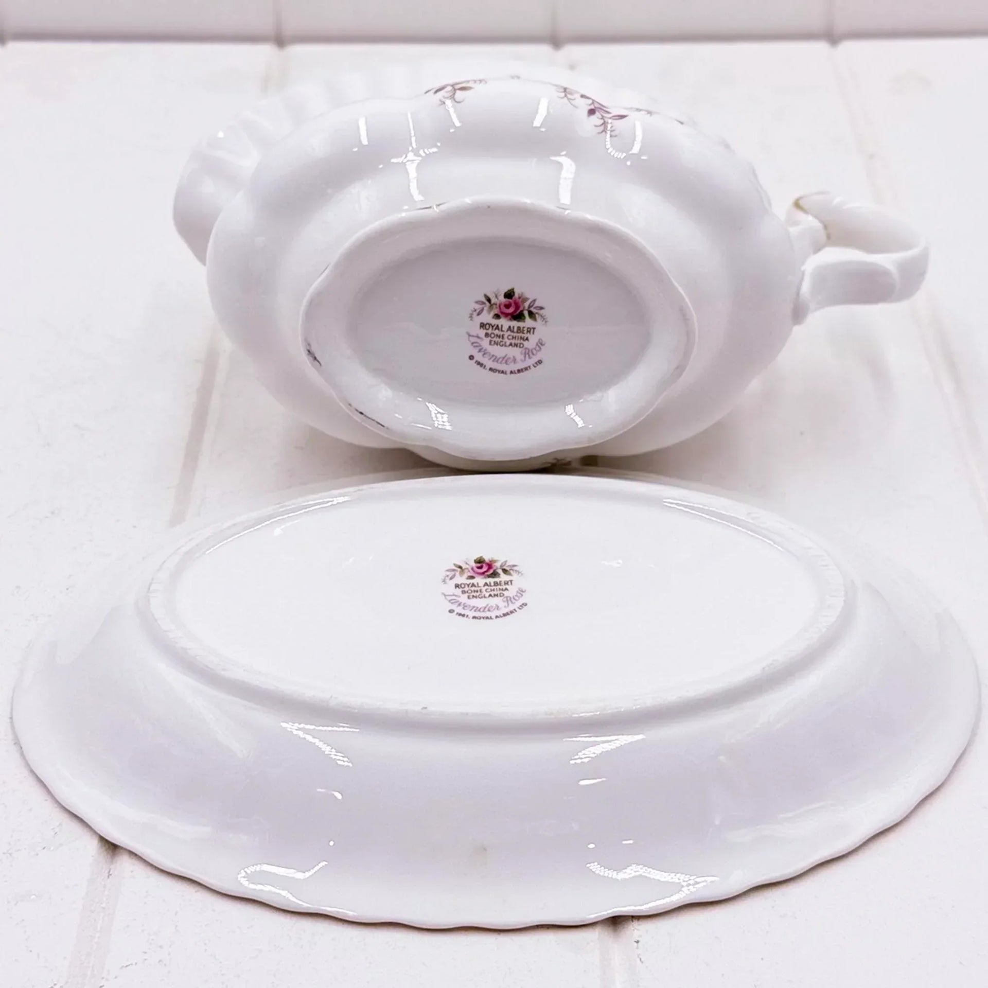 Royal Albert Lavender Rose bone china gravy boat and serving dish, vintage homeware set