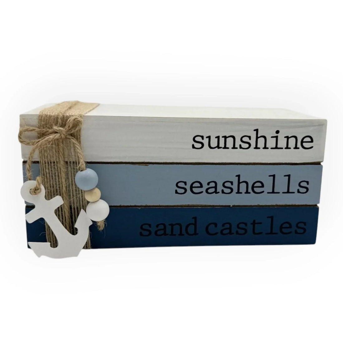 Nautical wood sign stack with 'sunshine seashells sand castles', anchor charm, twine & beads for coastal home décor