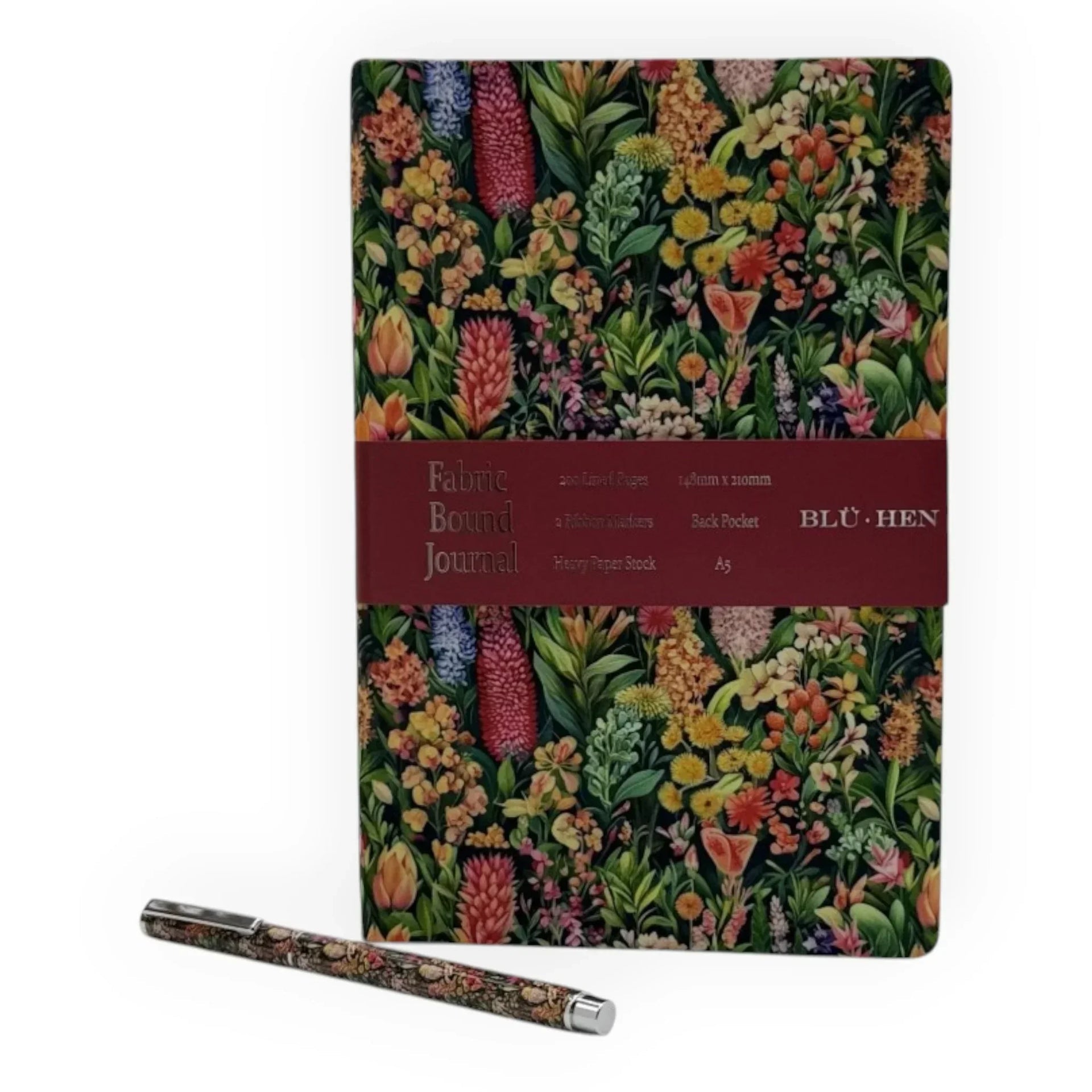 Floral fabric-bound journal with matching pen, A5 size, heavy paper stock, ideal for home décor and writing