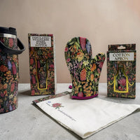 Floral print kitchen set: insulated water bottle, oven mitt, cotton apron, and tea towel for home décor