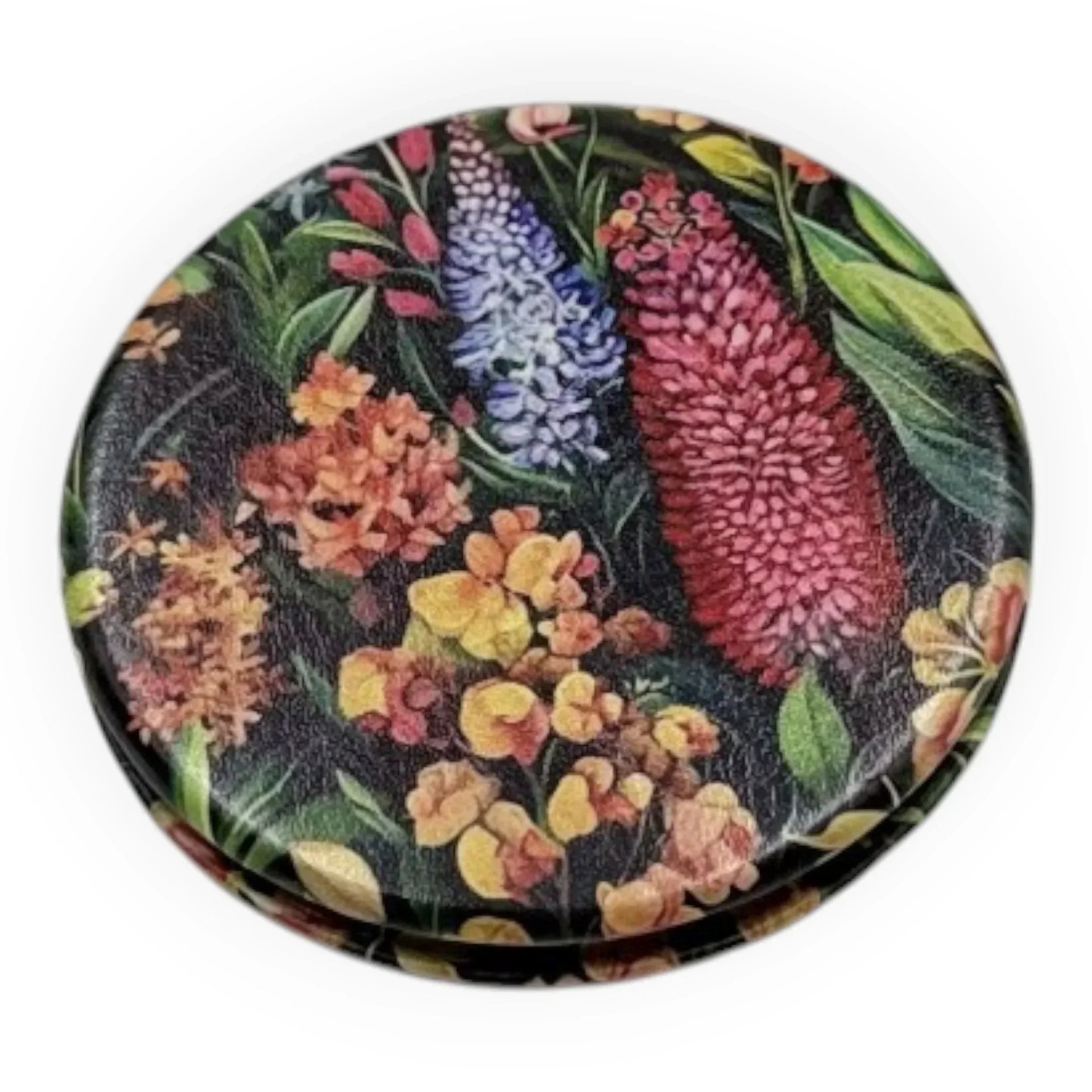 Round floral decorative box with vibrant garden flowers on dark background, home décor accessory