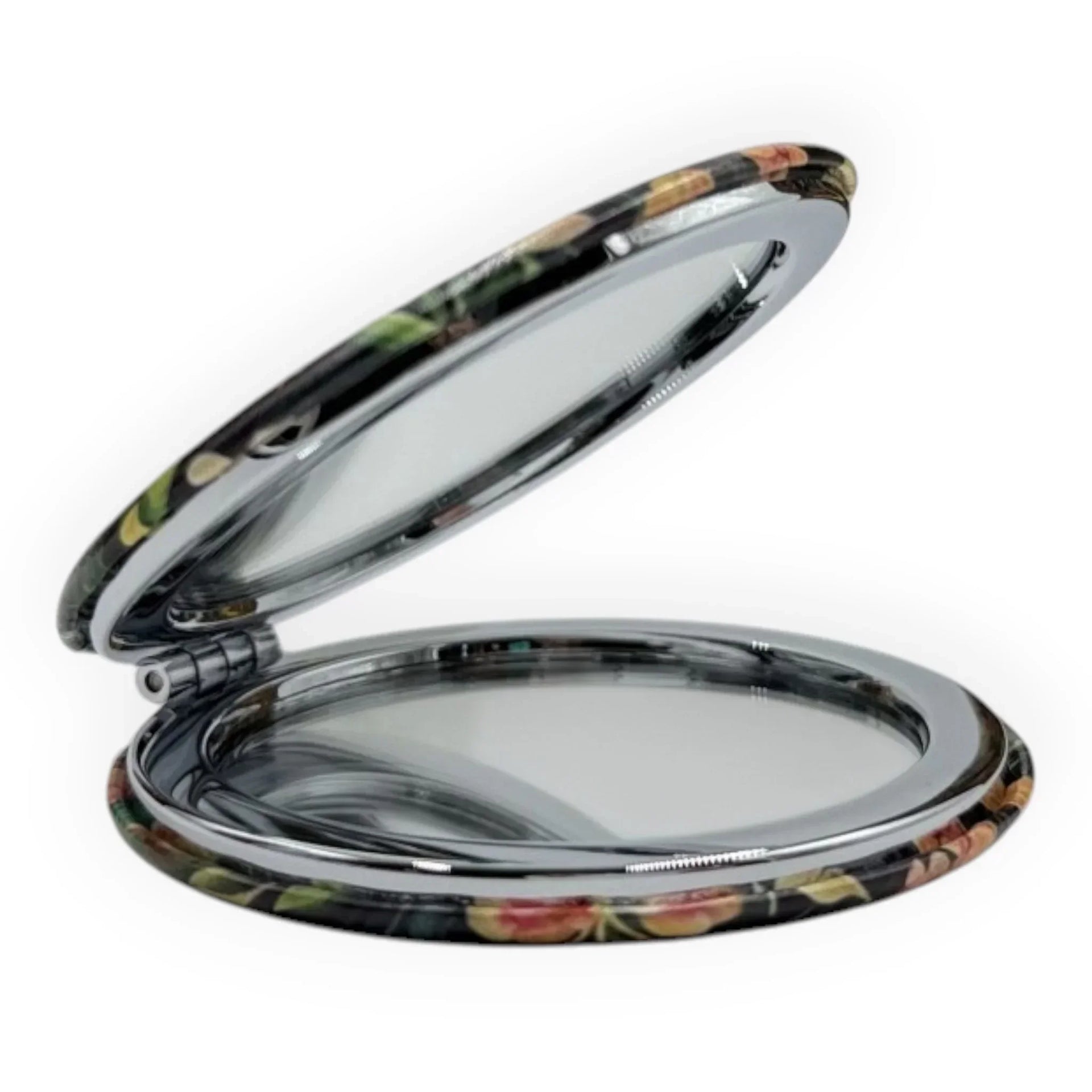 Floral pattern compact mirror with dual-sided design for home décor or travel use