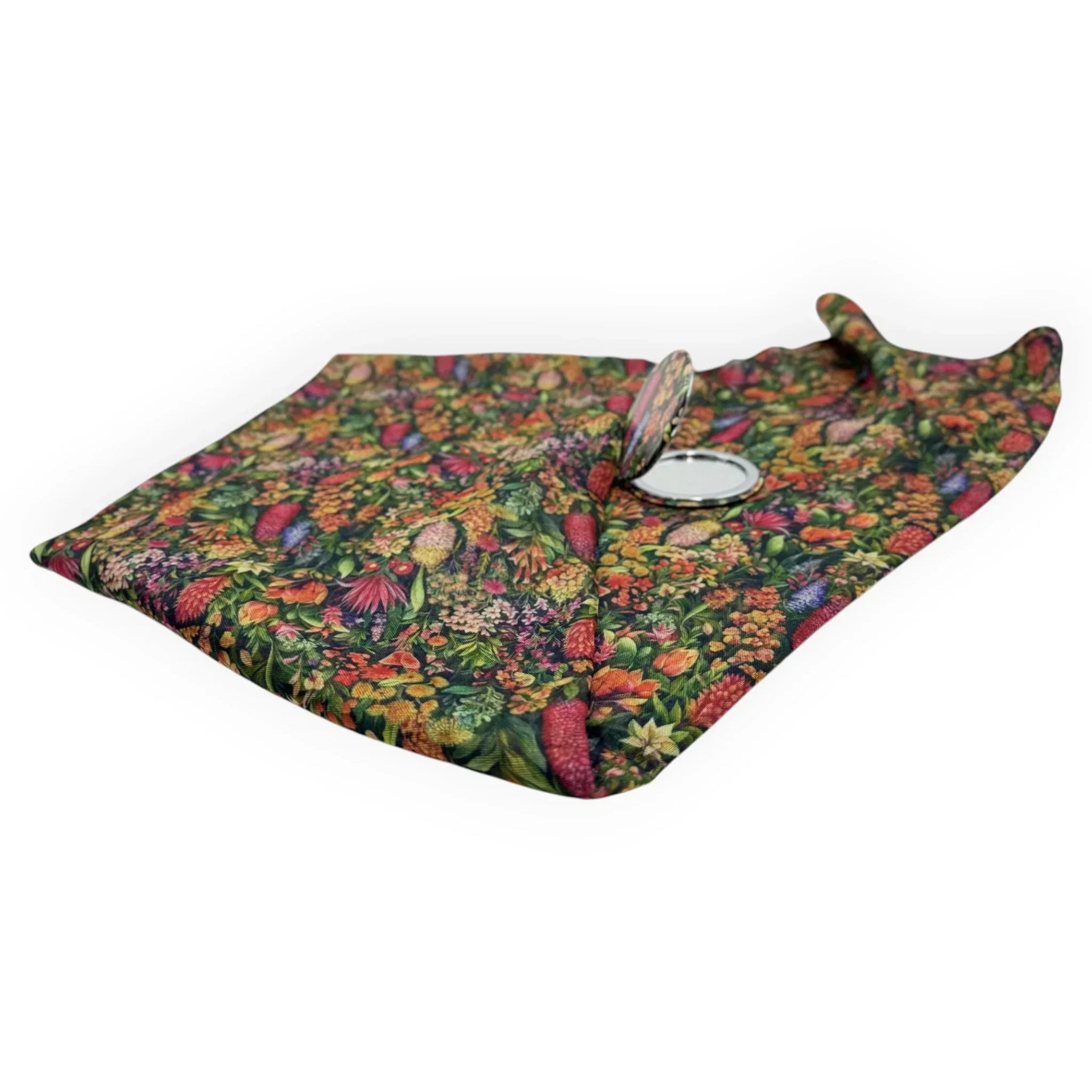 Floral print cosmetic bag with compact mirror, perfect for home décor or travel essentials