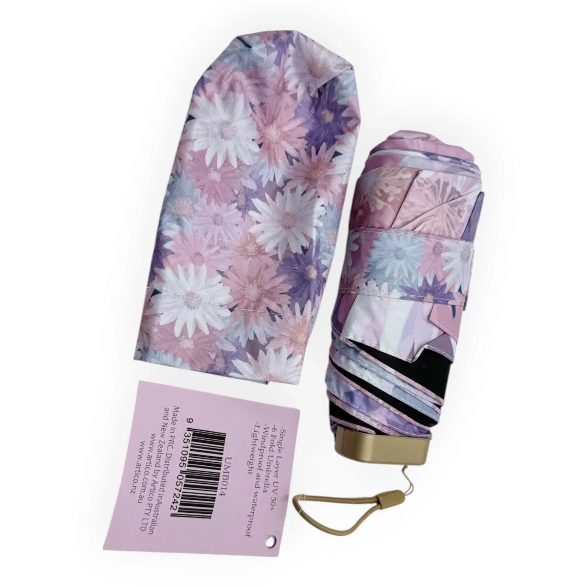 Pastel floral print compact umbrella with matching sleeve, UV 50+ protection, lightweight & waterproof