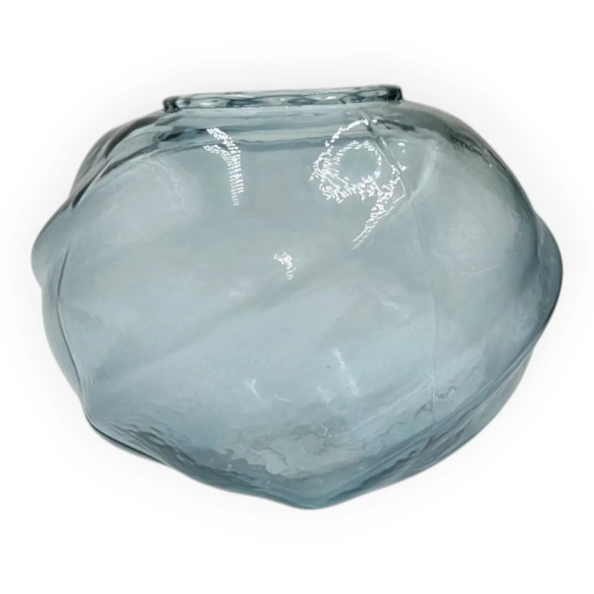 Handblown blue glass vase with organic shape, perfect for modern home décor and vintage-inspired interiors.