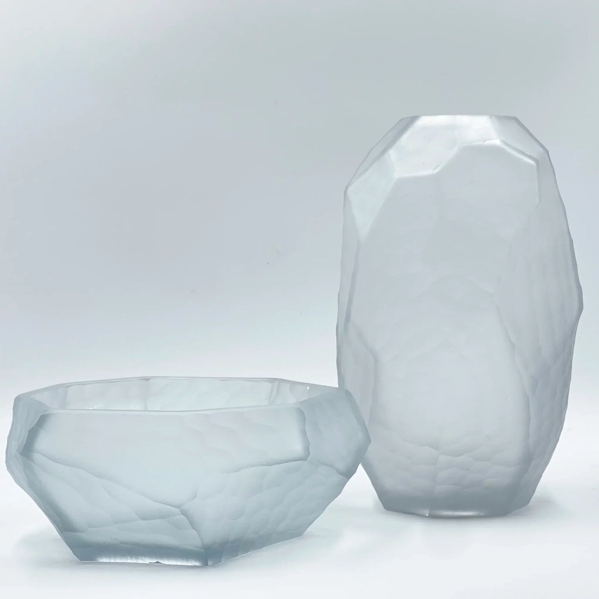 Frosted glass vase and bowl set with geometric facets, modern home décor accent pieces