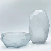 Frosted glass vase and bowl set with geometric facets, modern home décor accent pieces