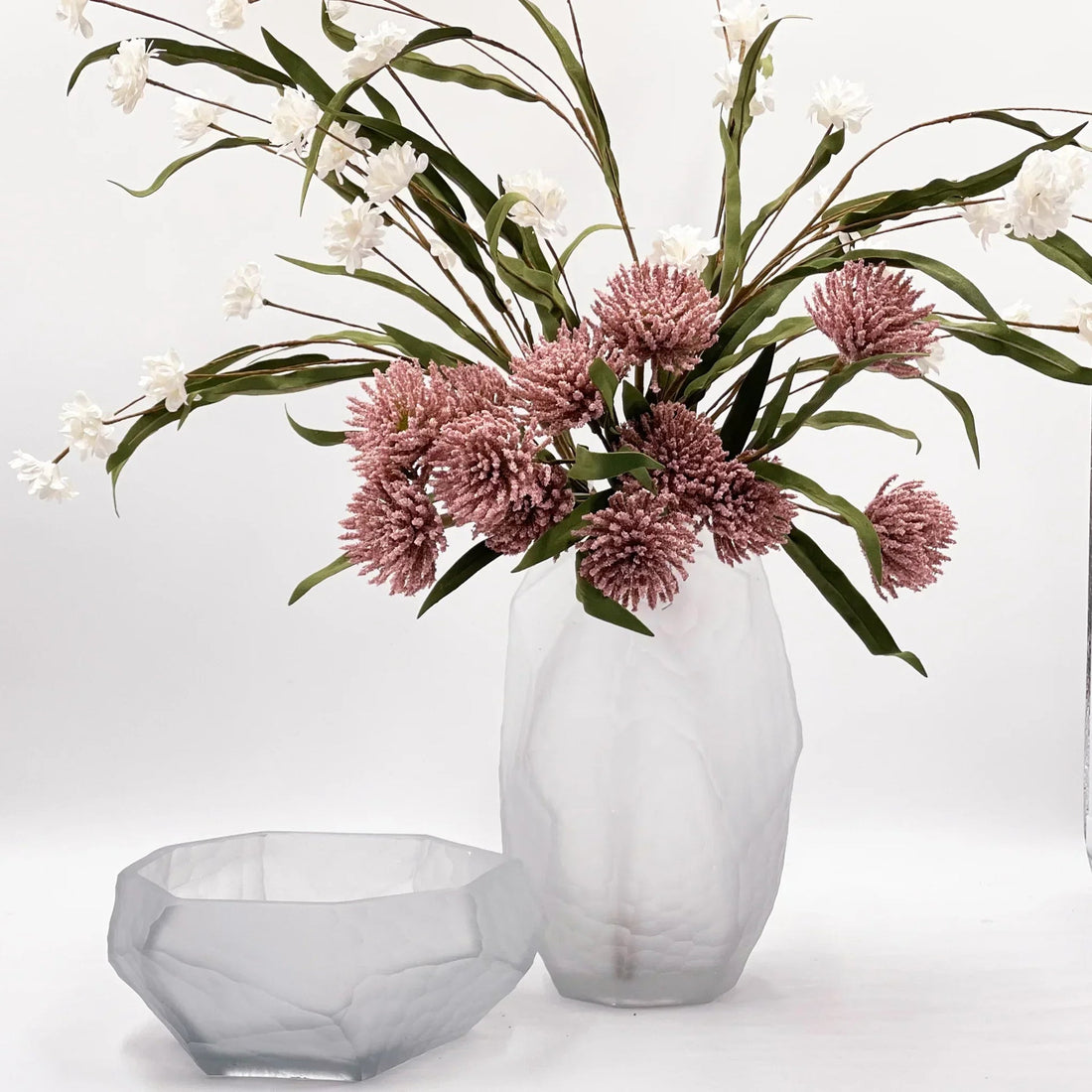 Frosted glass vase with pink and white artificial flowers, modern home décor accent piece