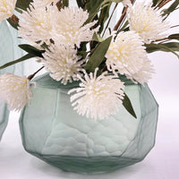 Mint green textured vase with white frosted flowers, elegant home décor accent piece