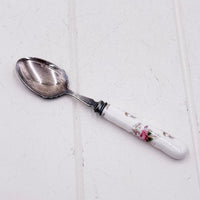 Royal Albert Lavender Rose jam spoon with silver plate bowl and porcelain handle featuring pink roses