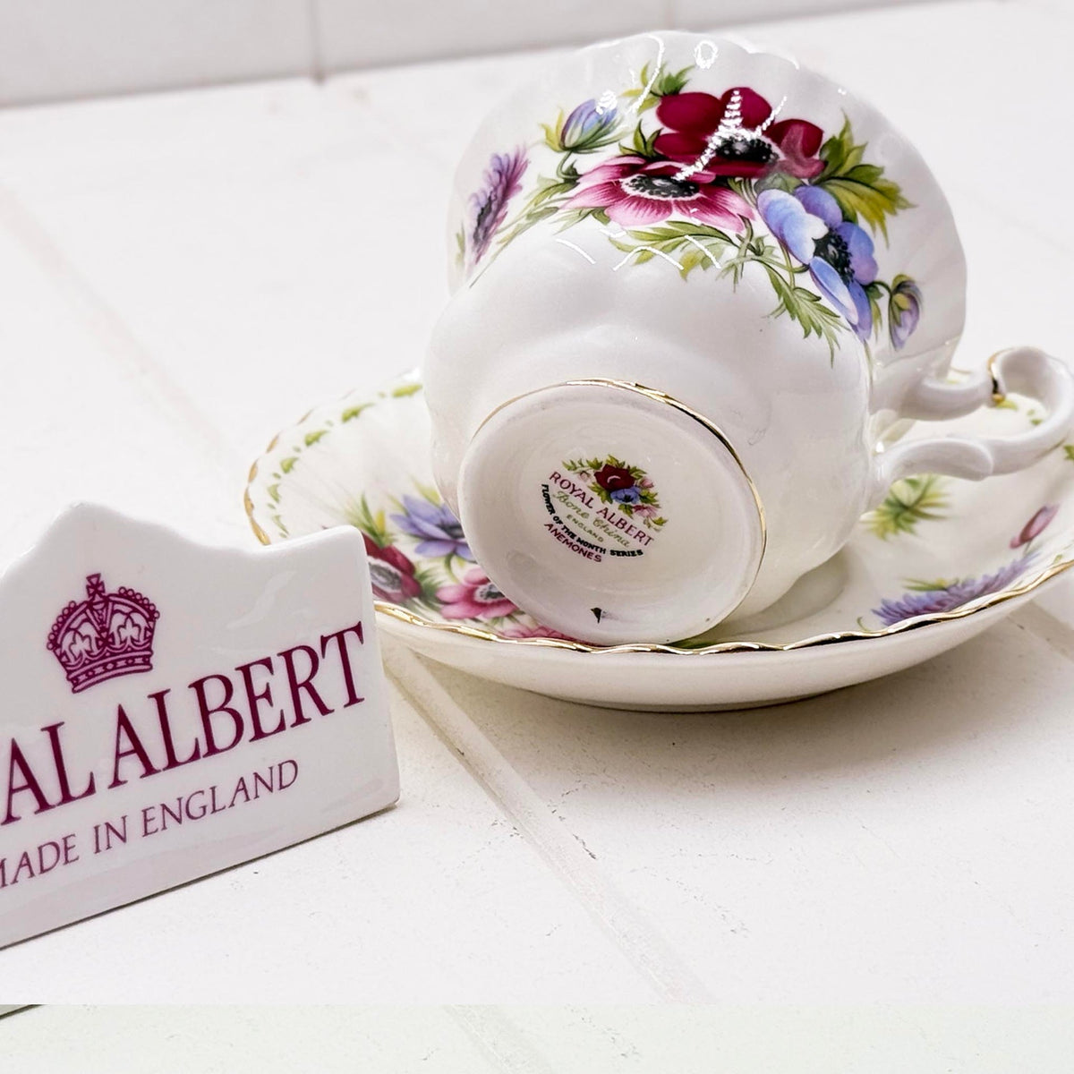 Royal Albert Flower of the Month March — Anemones Teacup & Saucer, Vintage Bone China, Made in England