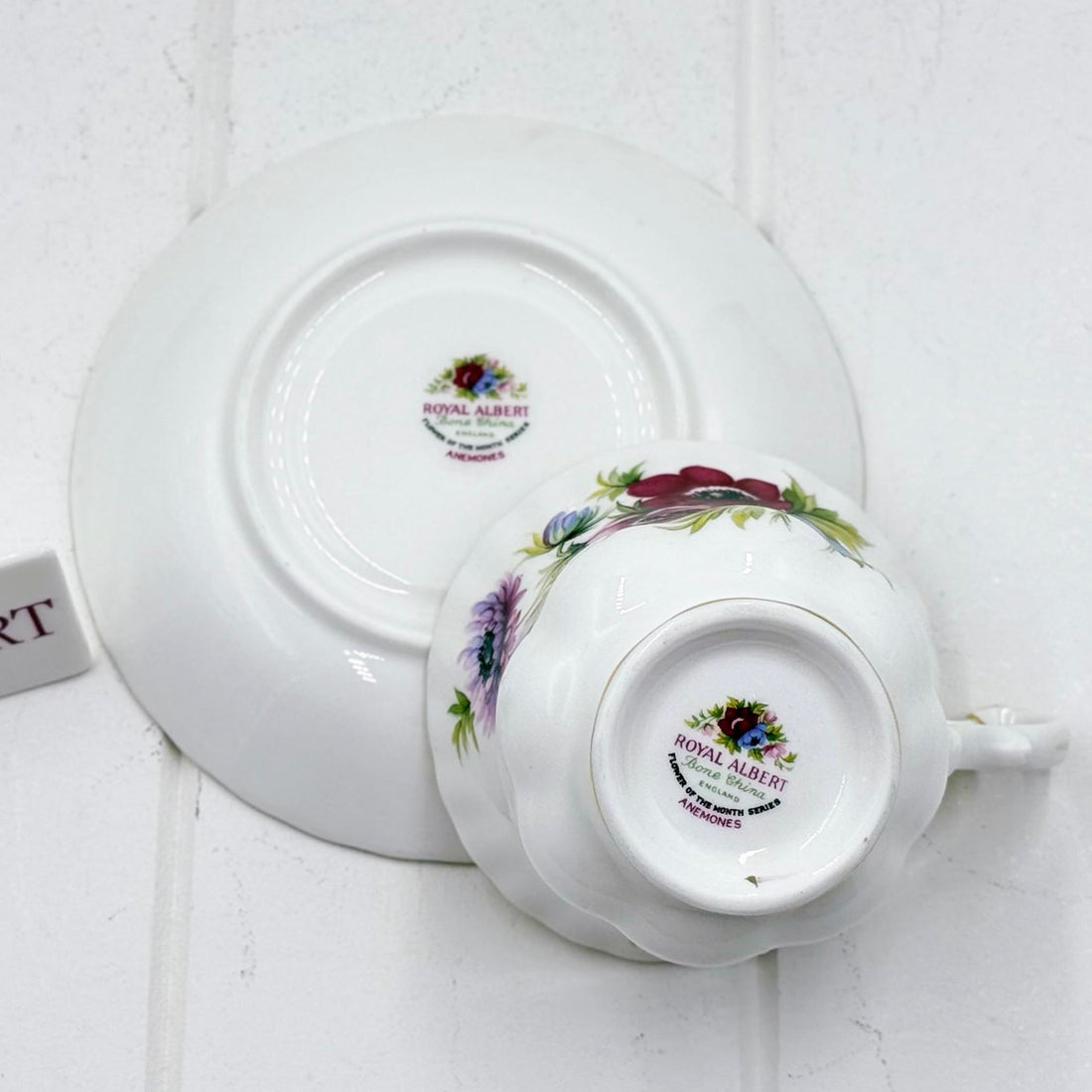 Royal Albert Flower of the Month March Anemones teacup and saucer backstamp, made in England