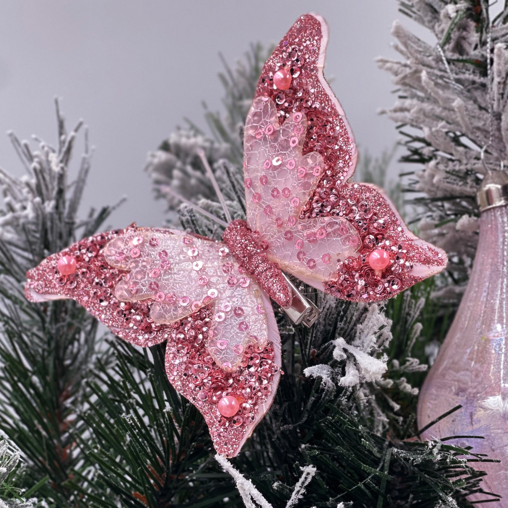 Set/3 Pink Beaded Butterfly Clips