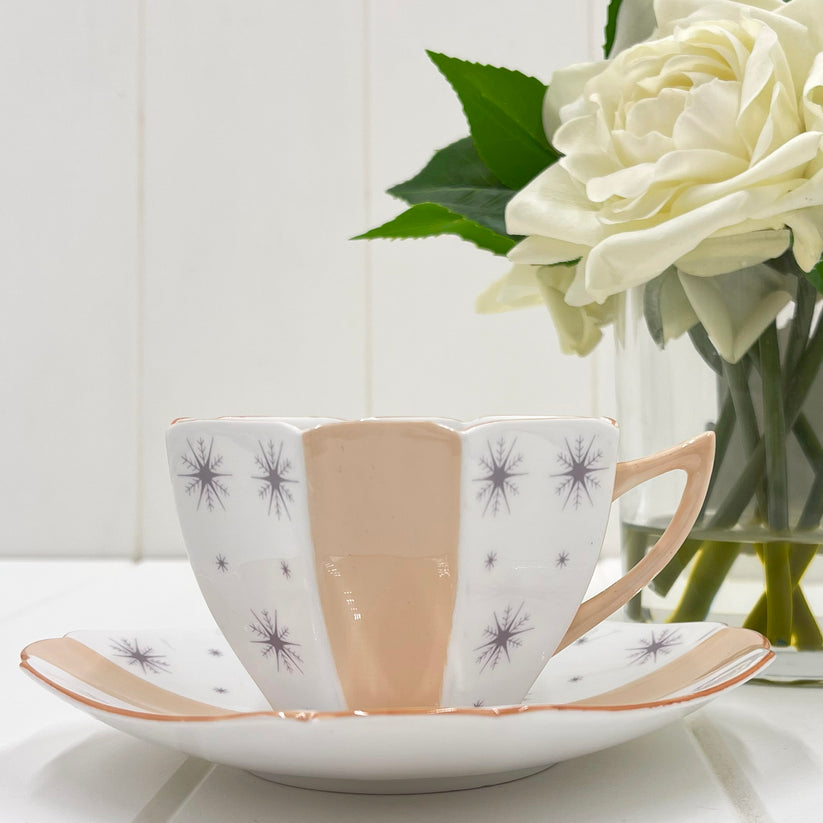 Shelley Queen Anne Snow Crystals Peach/Salmon Cup & Saucer Duo