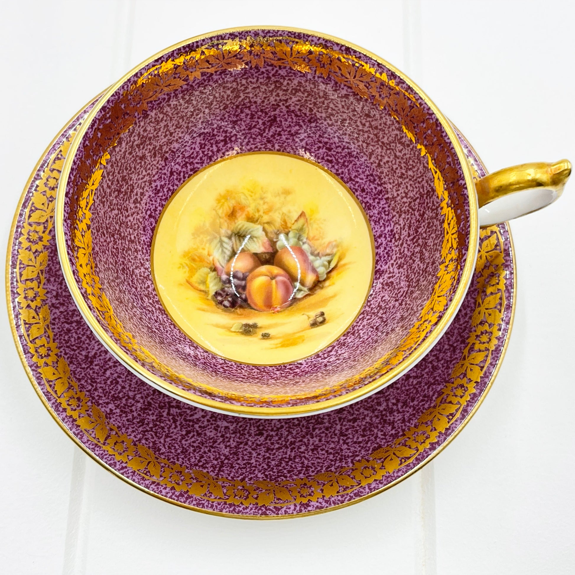 Aynsley Orchard Gold Mauve and Gold Cup and Saucer Duo