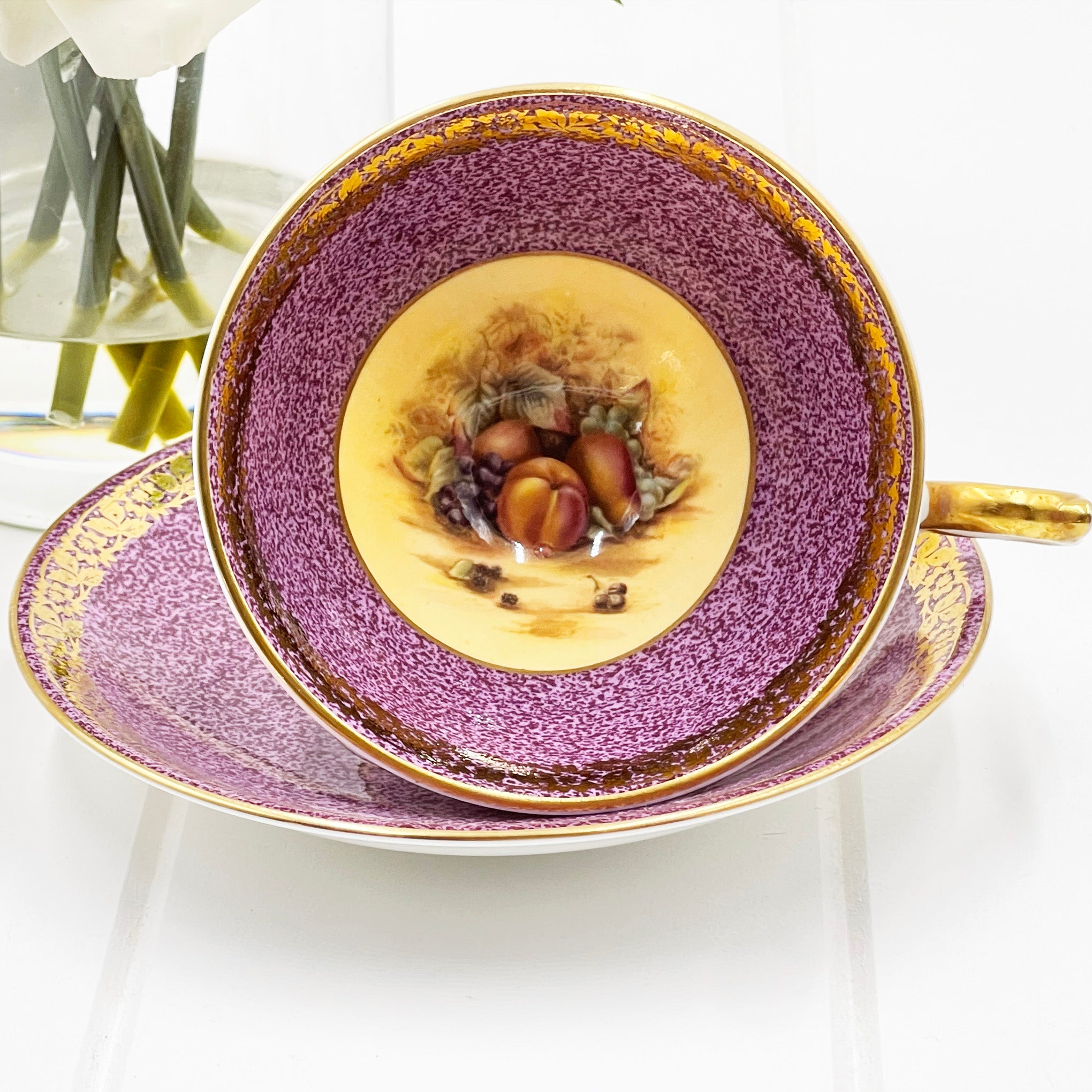 Aynsley Orchard Gold Mauve and Gold Cup and Saucer Duo