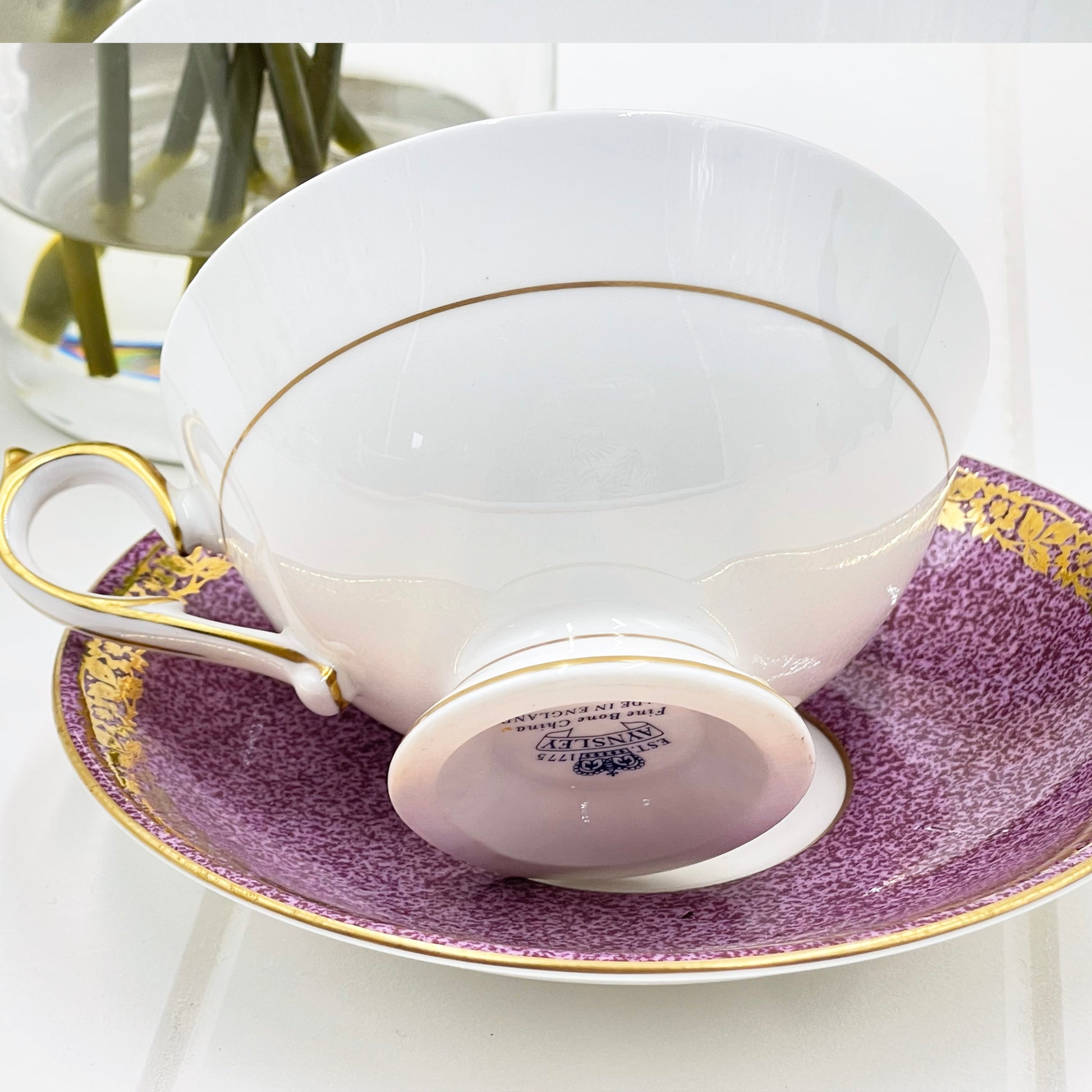 Aynsley Orchard Gold Mauve and Gold Cup and Saucer Duo