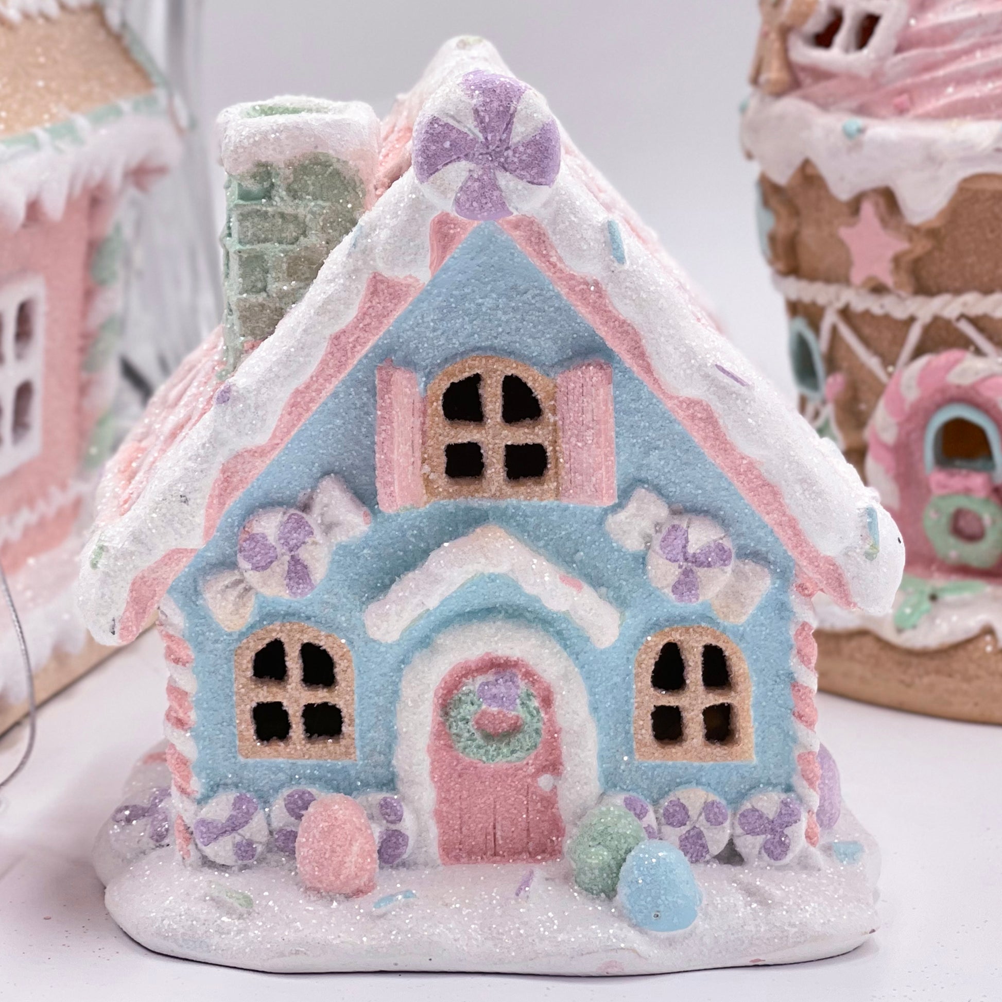 Light Up Small Blue Pastel Piped Gingerbread House