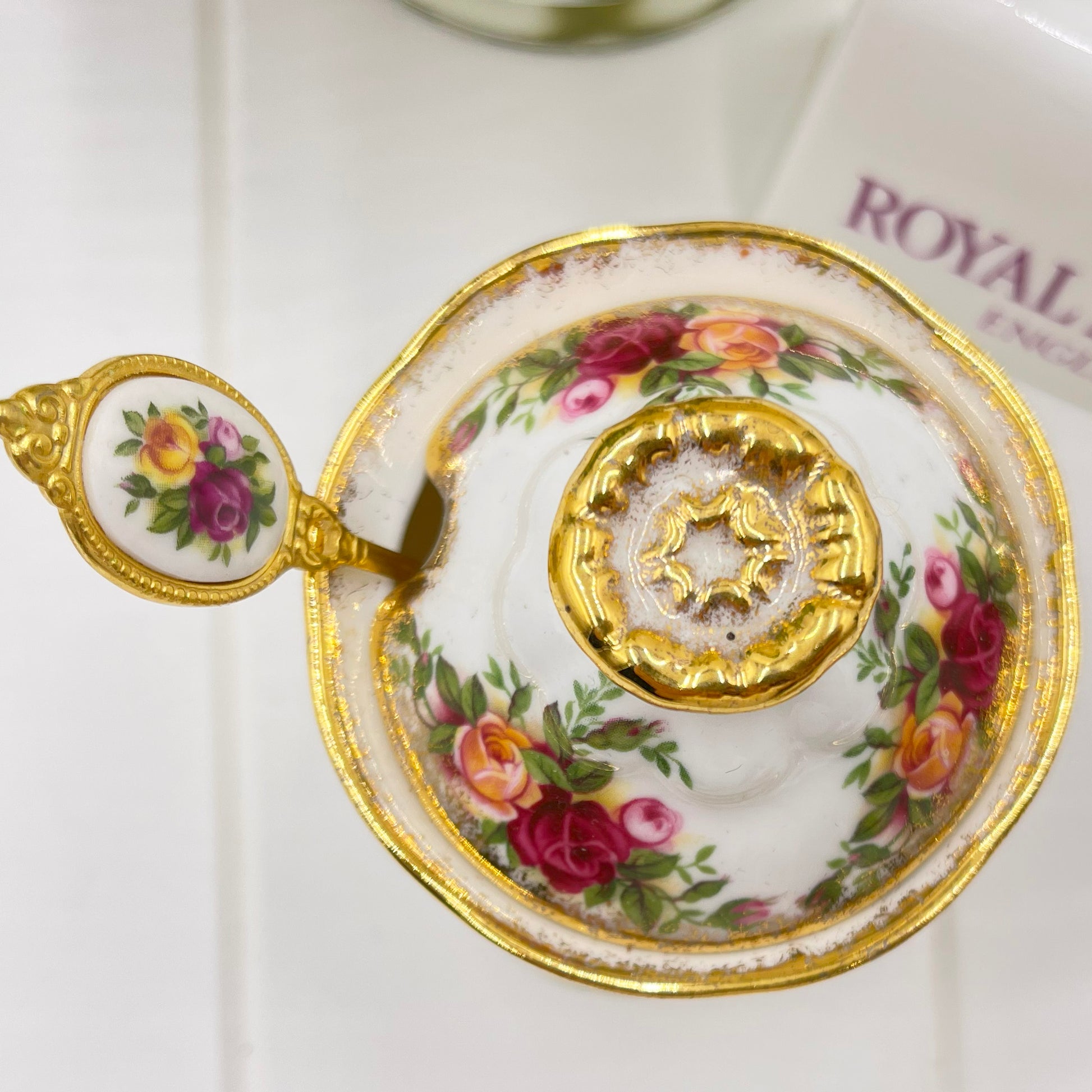 Royal Albert Vintage Old Country Roses Preserve/Jam/Sugar Pot and Spoon