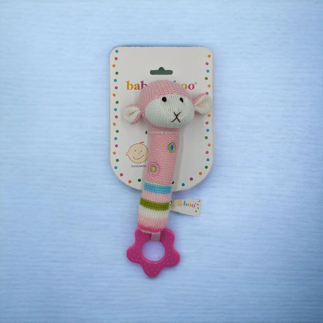 Pink knitted monkey baby rattle with flower teether, soft squeaker toy for infants