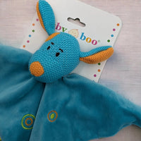 Blue knitted bunny comforter with orange accents and embroidered circles, ideal for baby soothing.
