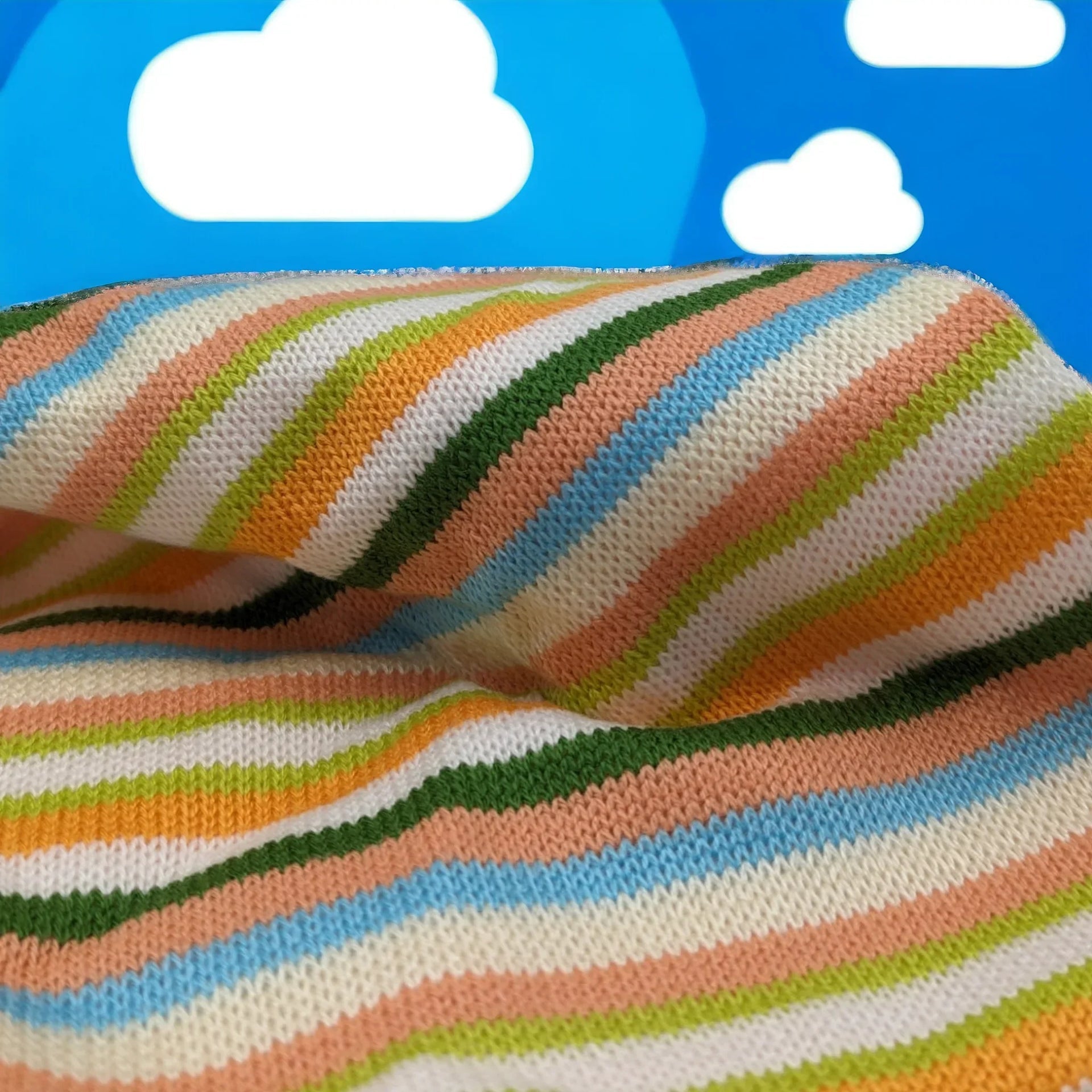 Colorful striped knit fabric with pastel hues, ideal for home décor and accessories.