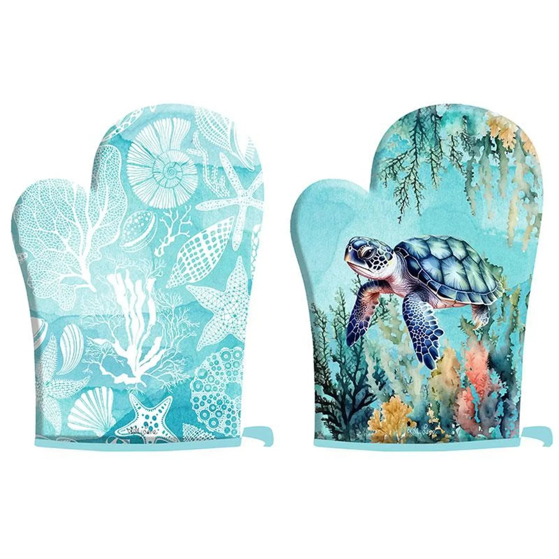 Sea turtle and coral print oven mitts, coastal kitchen décor with marine life design