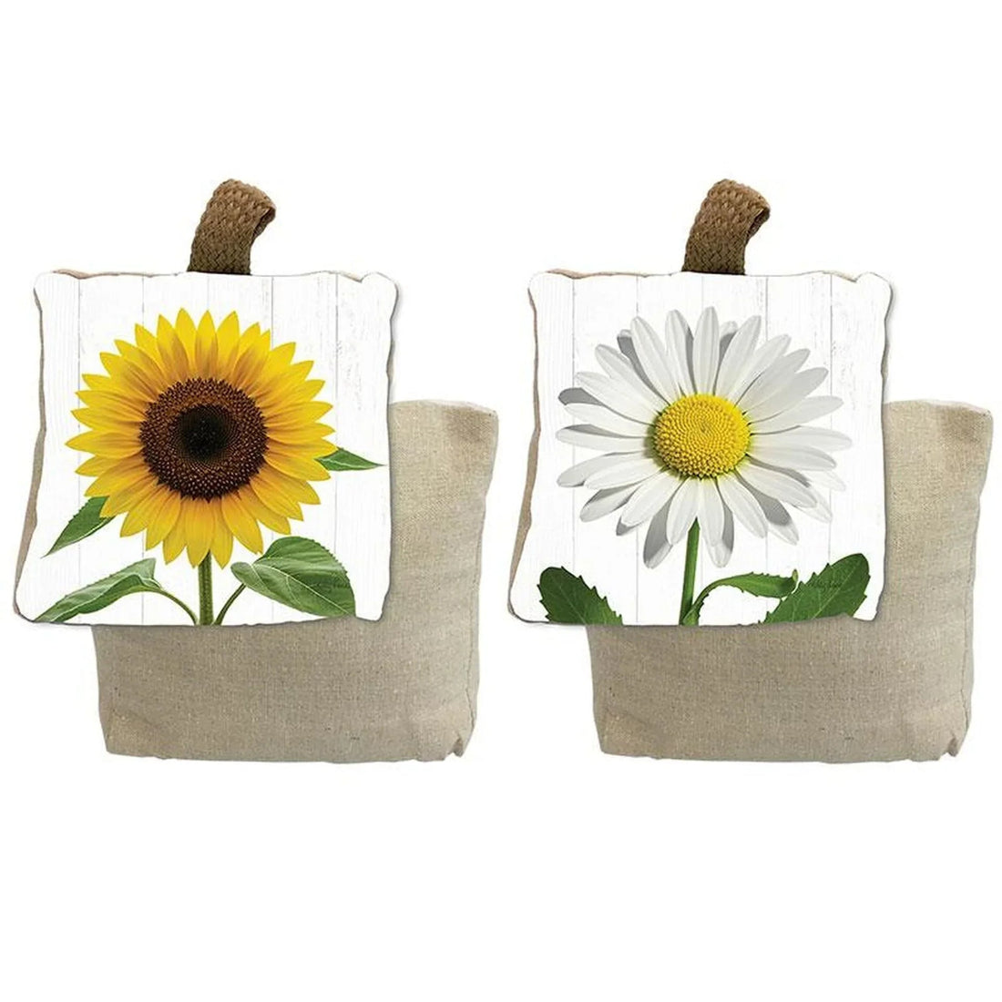 Sunflower and daisy wall hangings with rustic burlap pockets, farmhouse home décor
