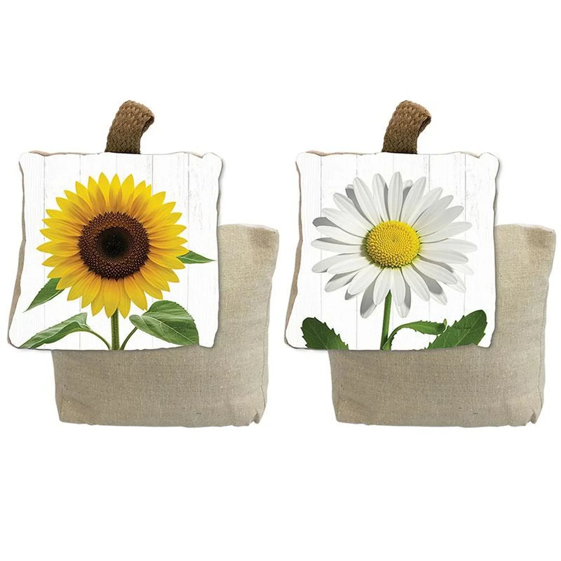 Sunflower and daisy wall hangings with rustic burlap pockets, farmhouse home décor