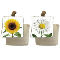 Sunflower and daisy wall hangings with rustic burlap pockets, farmhouse home décor