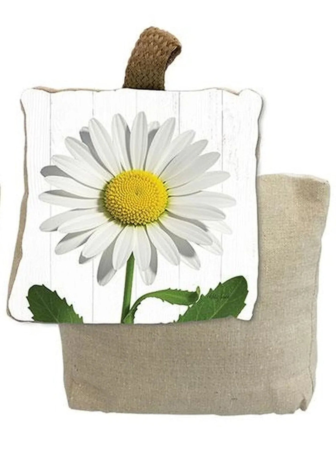 Daisy flower pillow with white wood print & burlap base, rustic home decor accent