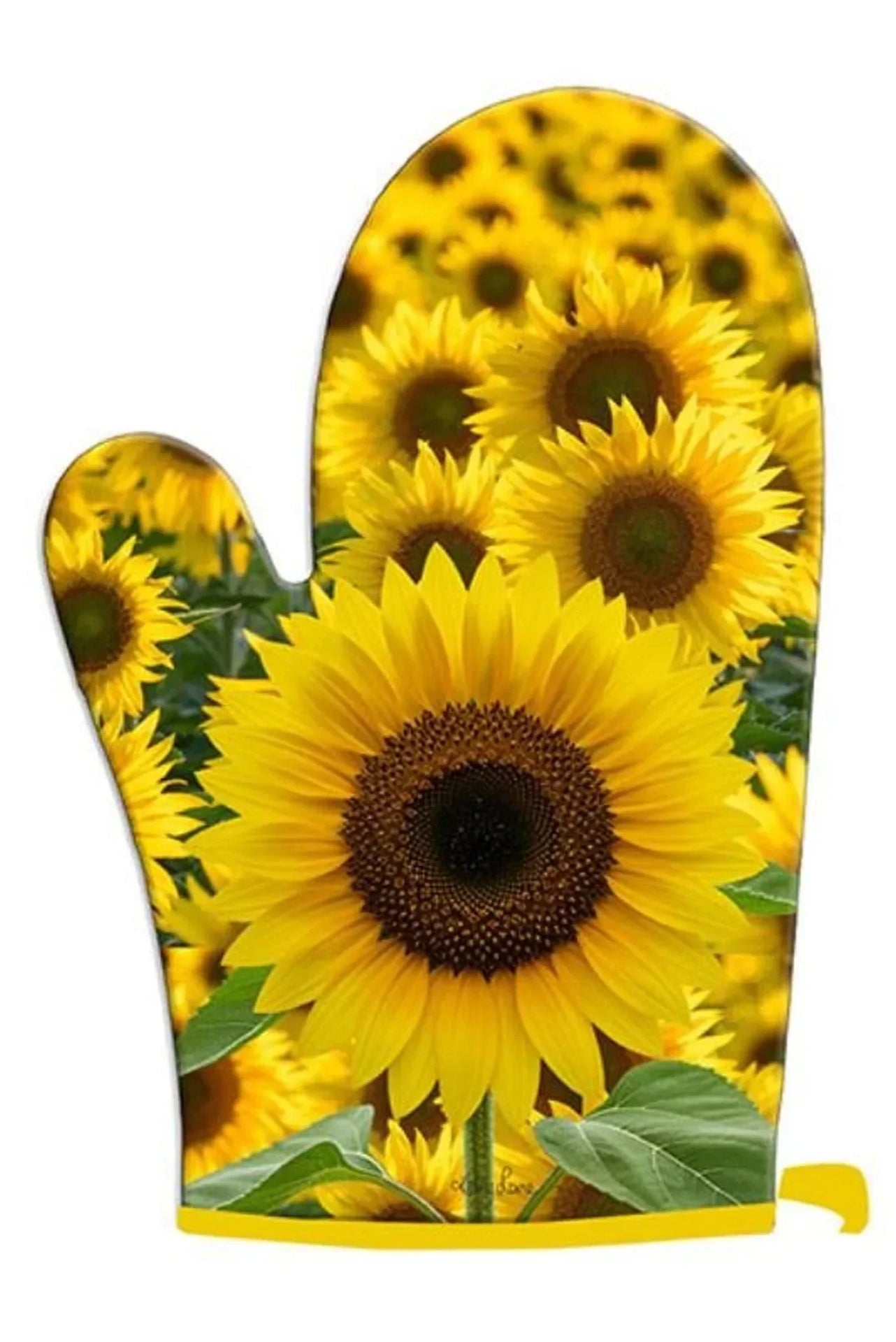 Sunflower print oven mitt for kitchen decor, featuring vibrant yellow blooms and green leaves on heat-resistant fabric.