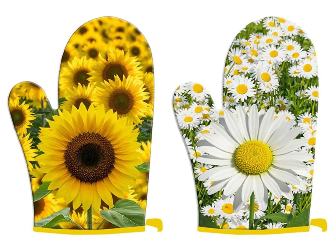 Set of 2 Oven Mitts Sunflower & Daisy Design (Up to 200 Degrees)