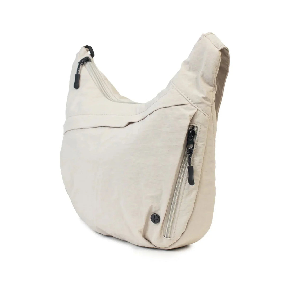 Beige hobo shoulder bag with side zipper pocket and adjustable strap, stylish everyday accessory