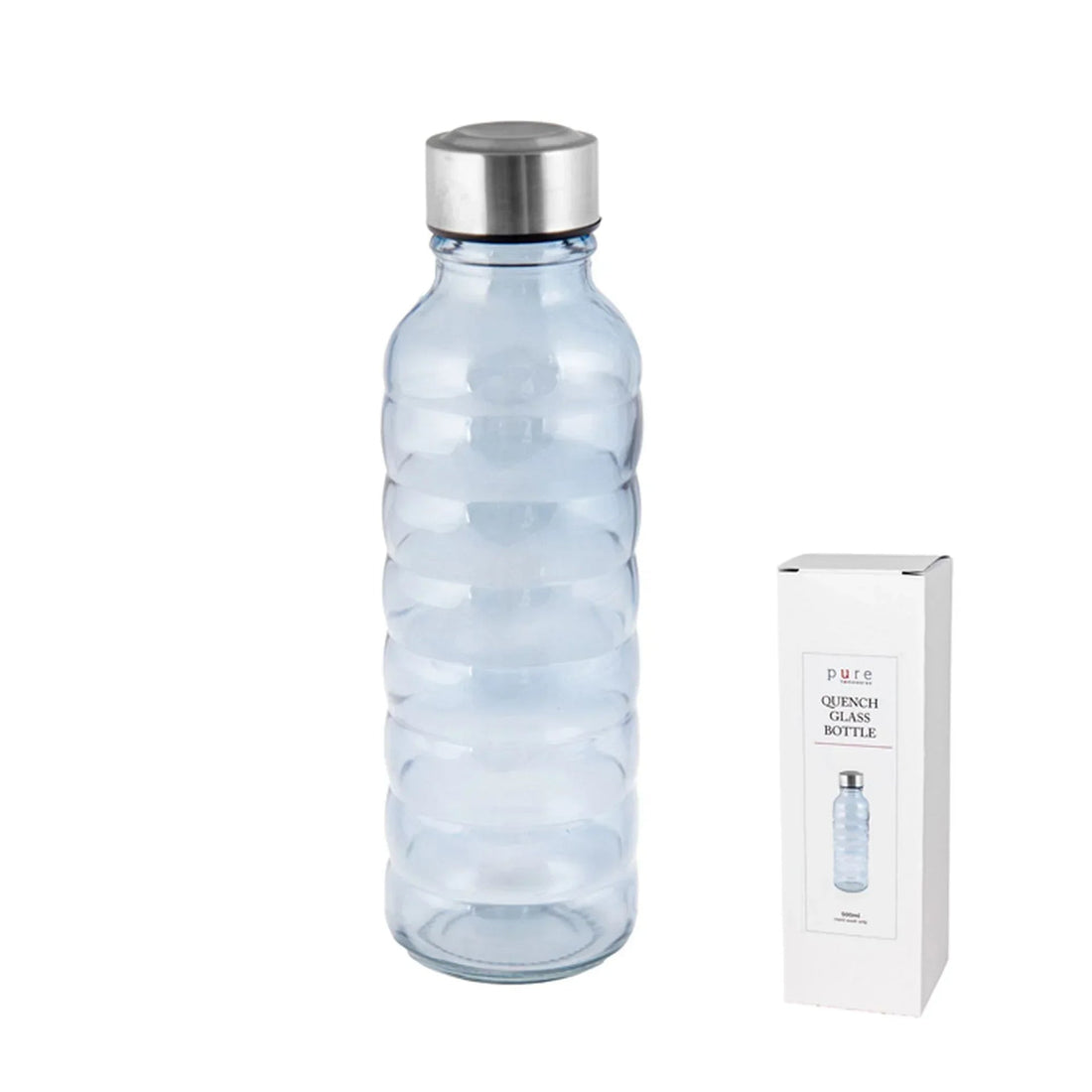 Clear glass water bottle with ribbed design and stainless steel lid, next to branded box