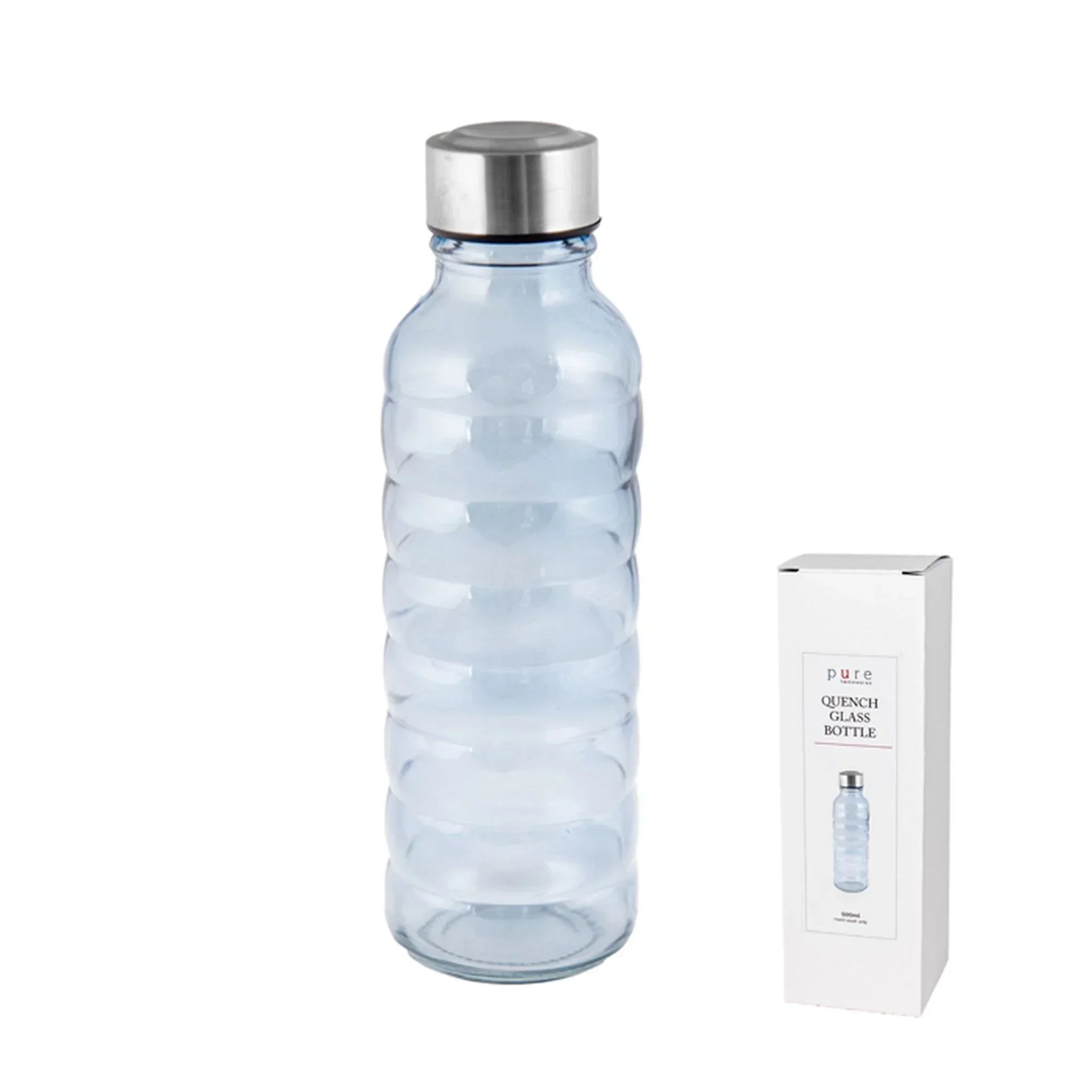 Clear glass water bottle with ribbed design and stainless steel lid, next to branded box