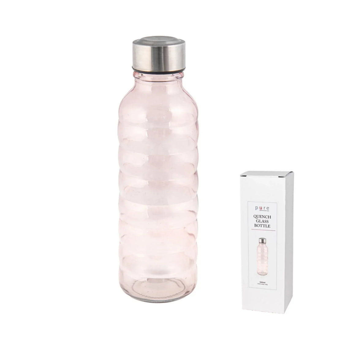 Pink textured glass water bottle with stainless steel lid, beside branded box for home décor