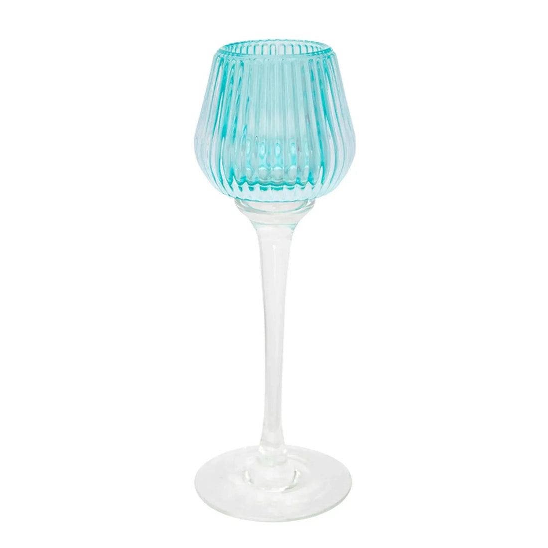 Turquoise ribbed glass candle holder with clear stem, elegant home décor accent piece
